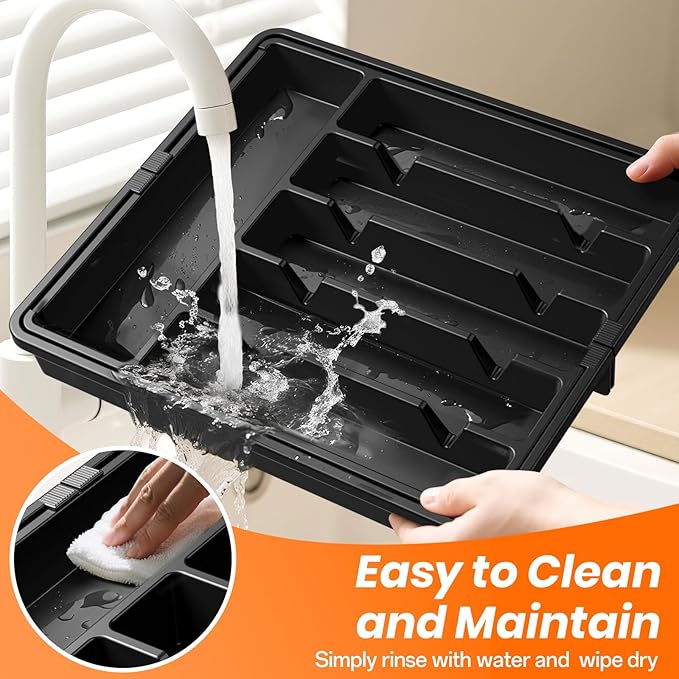 Large Silverware Organizer,Expandable Utensil Drawer Organizer,BPA Free Utensil Holder,Adjustable Silverware Tray Cutlery Drawer Organizer for Kitchen Flatware,Large,Black,2 Pack