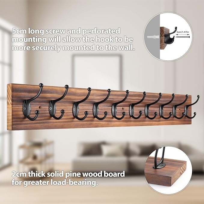Coat Rack Wall Mounted,Vintage Wooden Coat Hooks for Wall,Heavy Duty 10 Dual Coat Hangers for Hanging Coats, Jacket,Hat,Clothes,Brown