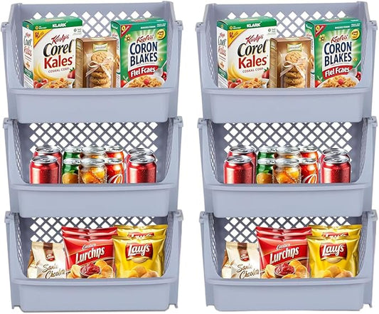 Skywin TidyFriend Plastic Stackable Bins for Pantry, 6 Pack Large Stacking Bins Open Front, Toy Organizers, Kitchen, and Bathroom Essentials (Light Grey)