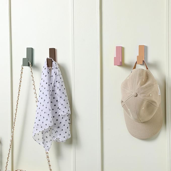 6 Pack Cute Kids Coat Wall Hooks Wooden Adhesive Decorative Colorful Wall Mounted Hangers Backpack Hooks for Hanging Keys Towel Clothes Bathroom Organization(Bohemian Color)