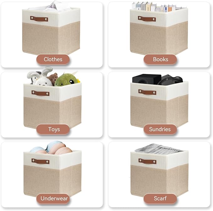 SNWDN 6 Pack Large Fabric Storage Baskets for Organizing Collapsible Fabric Storage Bins with Handles for Home and Office Organizing (White/Beige 13x13x13 Inches)
