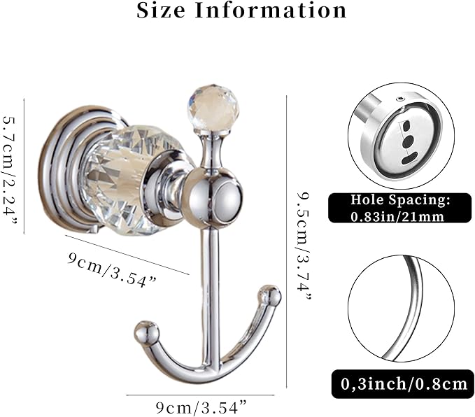 Crystal Silver Towel Hook, Chrome Bathroom Robe Hook, Coat Rack Hanger Heavy Sturdy Double Towel Hooks Bath Farmhouse Clothes Hook Wall Mounted Modern for Bathroom Kitchen Washroom