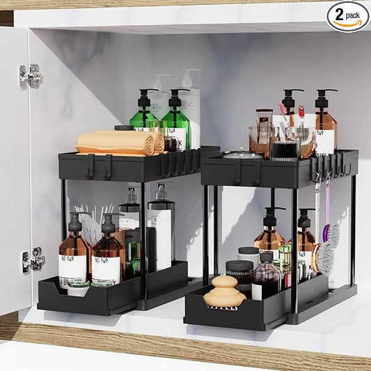 2 Pack Under Sink Organizer,Bathroom Cabinet Organizer with Sliding Basket, Multi-Purpose Under Sink Organizers and Storage for Bathroom Kitchen(Black)