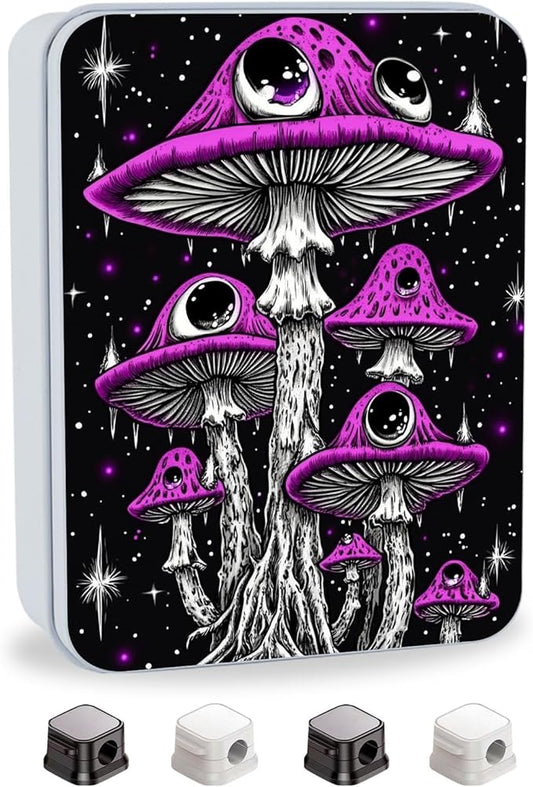 Metal Tin Box with Lid,Multi-functional Storage Box Can Store Tea Biscuits Game Cards, Playing & Tarot Cards-Comes with 4 Magnetic Cord Clips,Psychedelic Purple Mushrooms