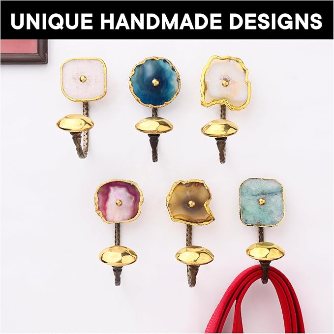 Indian Shelf Pack of 6 Stone Wall Hooks Decorative Modern - Multicolor Agate Coat Hook Wall Mounted - Stone Decorative Towel Hooks for Bathrooms - Agate Wall Key Hooks