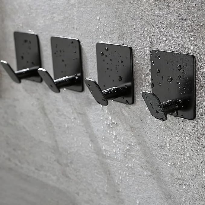 4-Pack Adhesive Hooks for Towels & Coats- Matte Black Stainless Steel Wall Hooks for Bathroom & Kitchen/RV Accessories