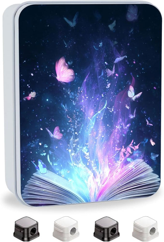 Metal Tin Box with Lid,Multi-functional Storage Large Box Can Store Tea Biscuits Game Cards, Playing & Tarot Cards-Comes with 4 Magnetic Cord Clips,Magical Book with Butterflies