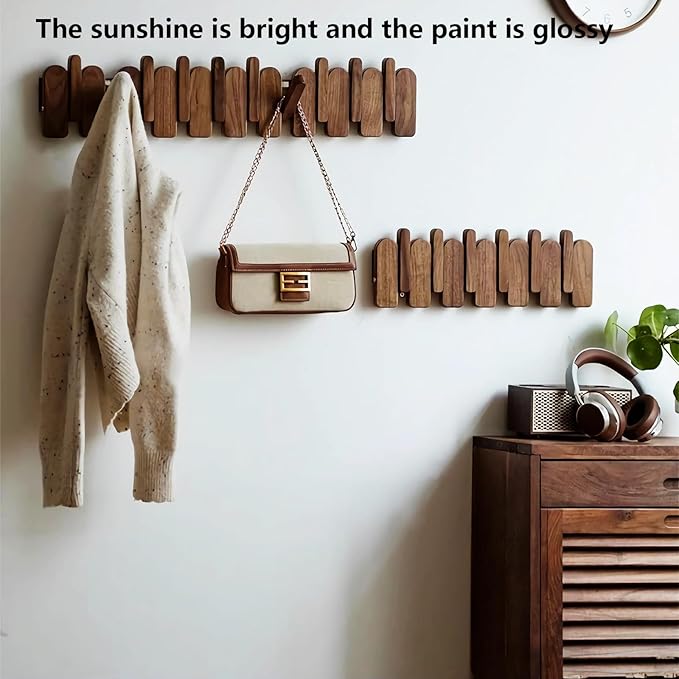 Wall Mounted Coat RackHooks Piano Key Hangers Natural Solid Wood Hanger Non-Woven Fabric Clothes Hangers for Closet, Kitchen, Bedroom, Bathroom, Entryway (Moon-Beech, 6 Hooks)