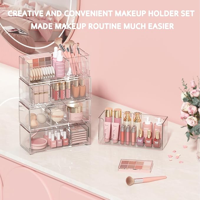 Bathroom Drawer Organizer Stackable Storage Drawers Clear Plastic Storage Bins Medicine Cabinet Organizer Makeup Organizers w Removable Divider Home Workspace Office Desktop Vanity Gift Idea 3Pack