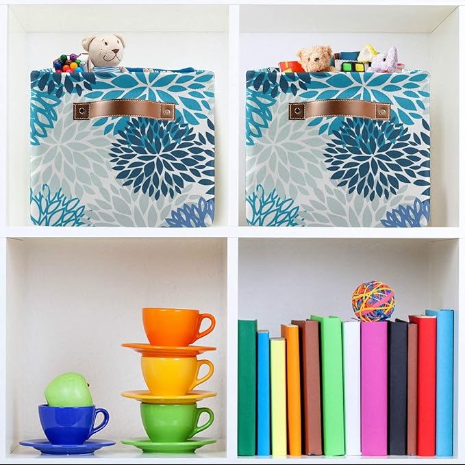 susiyo Large Foldable Storage Bin Blue Navy Chrysanthemum Flowers Fabric Storage Baskets Collapsible Decorative Baskets Organizing Basket Bin with PU Handles for Shelves Home Closet Bedroom-2Pack