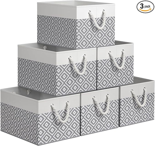 Storage Bins, 6-Pack Large Storage Box with Rope Handles, Collapsible Storage Basket for Organizing Books,Clothes,Rhombic Grey