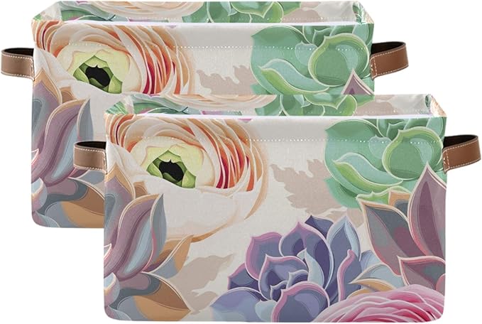 susiyo Large Foldable Storage Bin Succulent Flowers Cactus Fabric Storage Baskets Collapsible Decorative Baskets Organizing Basket Bin with PU Handles for Shelves Home Closet Bedroom Living Room-1Pack