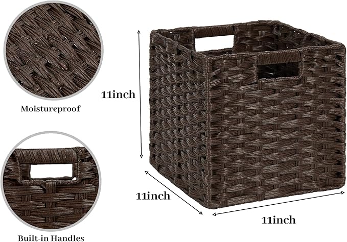 DULLEMELO Wicker Storage Bins 11x11 Storage Cubes for Organizing Plastic Woven Baskets for Storage Set of 2 Waterproof Woven Storage Cube Organizer for Pantry Closet Set of 2 - Deep Coffee