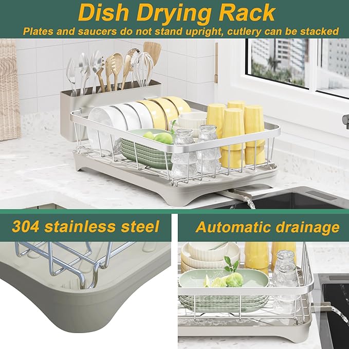LIYI Dish Drainer,Large Capacity Storage,with Drain Outlet,304 Stainless Steel,Utensil Drain Rack, Multifunctional Kitchen Organizer,White