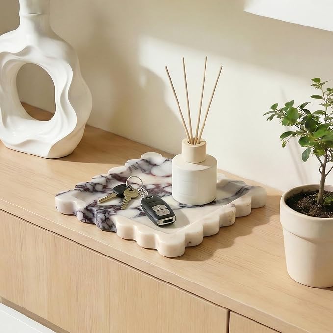 Elegant Square Marble Decorative Tray with Scalloped Edge Natural Stone Vanity Tray Organizer for Counter, Vanity, Dresser, Nightstand, Bathroom & Kitchen Sink(Calacatta Viola)
