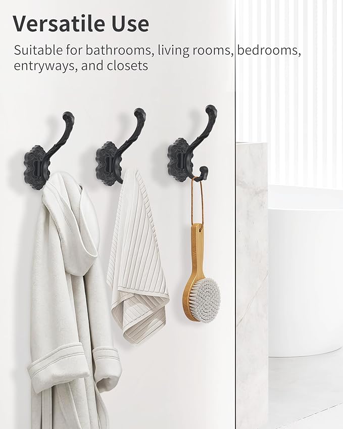 Vintage Coat Hooks Wall Mount, Unique Heavy Duty Wall Hooks for Hanging Towel Key Purse Hat Robe Clothes Decorative Hook for Bathroom Shower Closet Entryway Antique Black 4 Pack