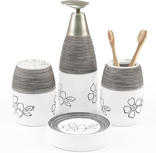 CERBIOR Bathroom Accessories Set,4 Pcs Ceramic Bathroom Decor Accessory,Includes Toothbrush Holder, Toothbrush Cup, Soap Dish for Decorative Countertop and Housewarming Gift, (White Flower)