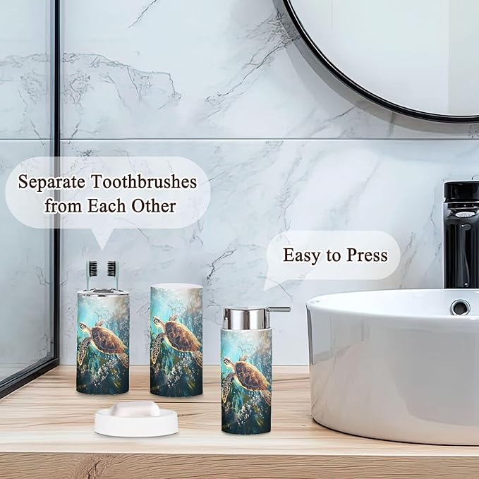 6 Piece Bathroom Accessories Set Sea Turtle Adventure Whimsical Kelp Forest Storybook Art Trash can Toilet Brush Holder Toothbrush Holder Toothbrush Cup Soap Dispenser Soap Dish for Home
