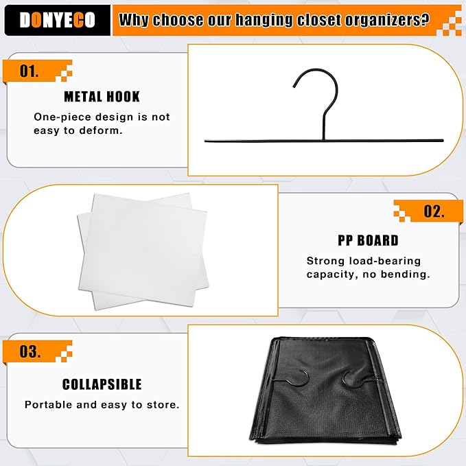 Hanging Closet Organizer, Easy Mount Foldable 4-Shelf Hanging Closet Wardrobe Storage Shelves, Clothes Handbag Shoes Accessories Storage, Washable Oxford Cloth Fabric, Black