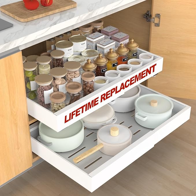 ANTOWIN 1Pack Expandable Pull Out Cabinet Organizer 16.5"Deep (12.2"-20.5" Width), Slide Out Drawers for Kitchen Cabinets, Roll Out Shelves Adhesive with 3-Layer Steel, for Cabinets Without Lip, White