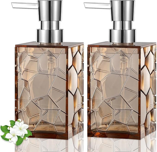 Hand Soap Dispenser, Clear Acrylic Plastic Liquid Pump Bottles Refillable Lotion Dispenser for Bathroom Decor Kitchen College Dorm, Light Brown 2 Pack