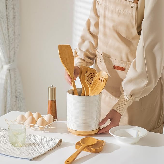 Utensil Holder, Ceramic Kitchen Spatula Holder For Countertop, 7.6" Large Utensil Organizer for Spoon, 360° Rotating Cooking Utensil Crocks Farmhouse Kitchen Counter Decor 9 Pcs White