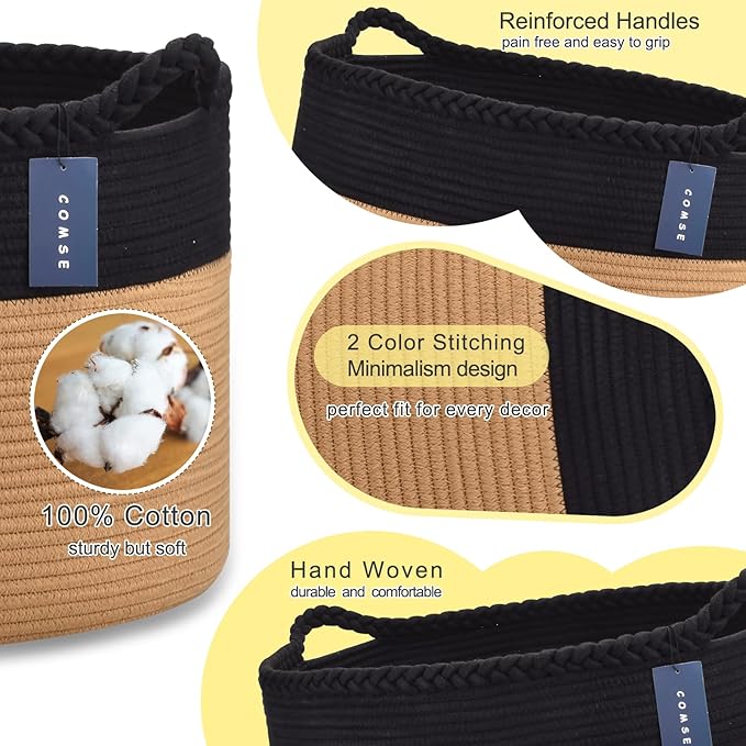 COMSE Extra Large Blanket Basket, Woven Laundry Basket, 21.7âx 13.8â, Nursery Hamper, Cotton Rope Laundry Hamper Living Room for Storage Toys Clothes Towels (Black & Camel)