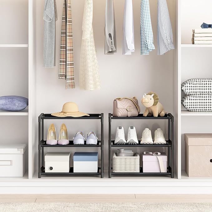 3 Tier Extra Small Shoe Rack (16.3" Wide), Narrow Stackable Shoe Shelf for Kids Toddler Adult, Ultra-Lightweight Shoe Rack Stand for Closet Dorm Bedroom Storage Organizer, Entryway