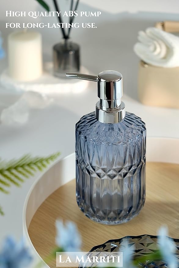 Blue Bathroom Accessories Set, 4Pcs Clear Glass Bathroom Decor Set, Lotion Soap Dispenser, Toothbrush Holder, Qtips Holder, Soap Dish for Crystal Modern Bath Decor, Gift Set