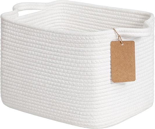 Goodpick Rope Basket, Storage Baskets for Organizing, Rectangle Baby Nursery basket with Handles, Small Woven Basket for Shelves, Living Room, 13 x 10 x 9 Inches, White