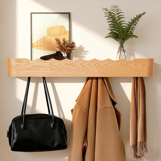 Wall Coat Rack Floating Shelves Modern Coat Rack Wall Mount with Storage Entryway Shelf Wooden Hanger 20 Inch 4 Hidden Metal Hooks for Living Room Bedroom (Wavy Oak, 8 Hooks)