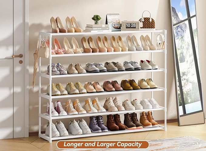Extra Long Shoe Rack 6 Tier Shoe Storage Organizer with 2 Hooks, Wide Stackable Shoe Organizer Racks for Closet Entryway,Shoe Shelf Stand Sturdy Durable Shoes Holder Up to 39Pairs, White