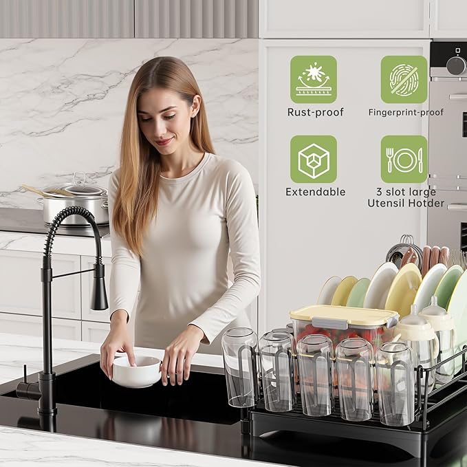 Expandable Dish Drying Rack for Kitchen Counter, Large Capacity Dish Drainer with Utensil Holder & Drip Tray, Space Saving Organizer (12.7"-21.7" x 17"), Black