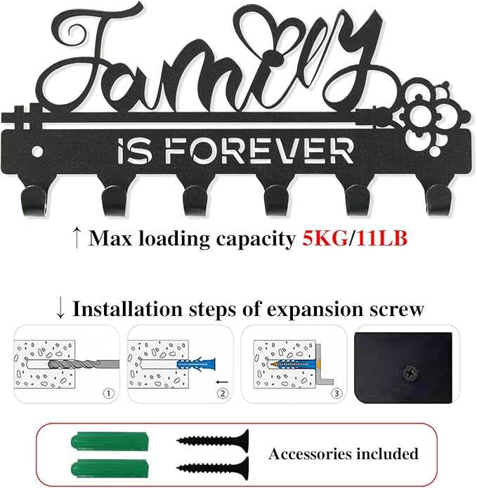 ”Family is Forever”Mini Key Holder Wall Mounted,Small Key Holder on Wall,Black Metal Decorative Key Rack Hooks for Garage,Mudroom,Hallway,Entryway,Front Door,Office(Mini Size:18.5x8.5cm)