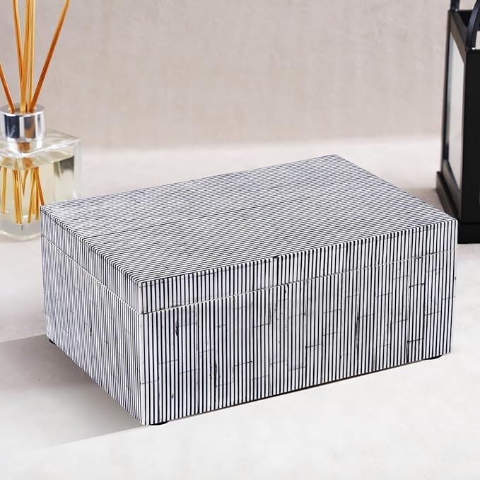 Handicrafts Home Large Decorative Storage Box with Lid – 12X8X5” Coffee Table Organizer, Keepsake- Decorative Boxes for Home Decor, Stylish Decorative Box for Office Decor-Striped-Black