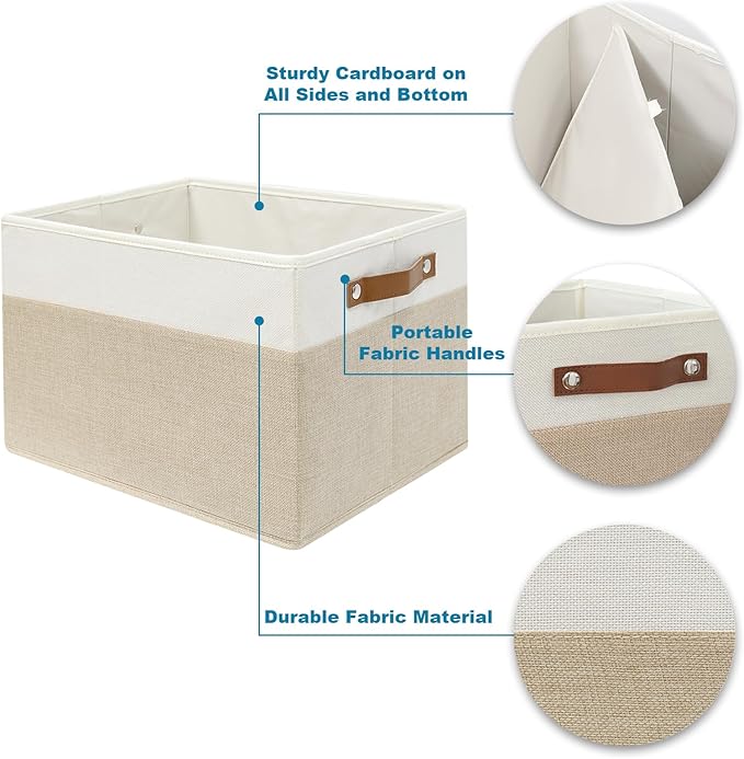 4 Pack Large Fabric Storage Baskets for Shelves , Closet Storage Bins for Shelves, Fabric Baskets for Organizing with Handles for Home organization and Storage (White with Beige,15"L*13"W*13"H)