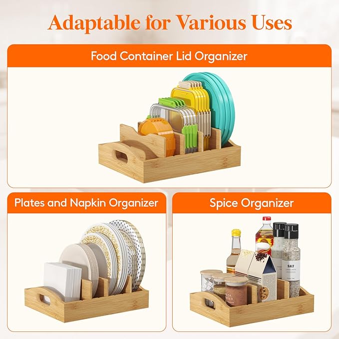 Lifewit Bamboo Lid Organizers for Inside Cabinet, Food Storage Container Lid Holder with 4 adjustable Inserts & 5 Compartments, Lid Storage for Kitchen Pantry Organization, 10.6" X 8.3"