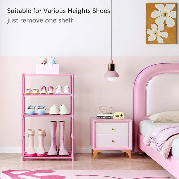 3-Tier Pink Shoe Racks for Women/Girls/Kids' Closet, Small Shoe Storage for 5-7 Pairs, Lightweight Stackable Shoe Shelf Organizer for Entryway, Front Door Entrance, Bedroom
