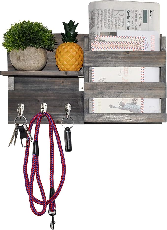 Spiretro Wall-Mounted Key Holder Hooks - Rustic Wood Weathered Grey & Black - Entryway Organizer for Mail, Leashes, and Purses - Floating Shelf, 16.5” W x 9.75" H x 4.5” D