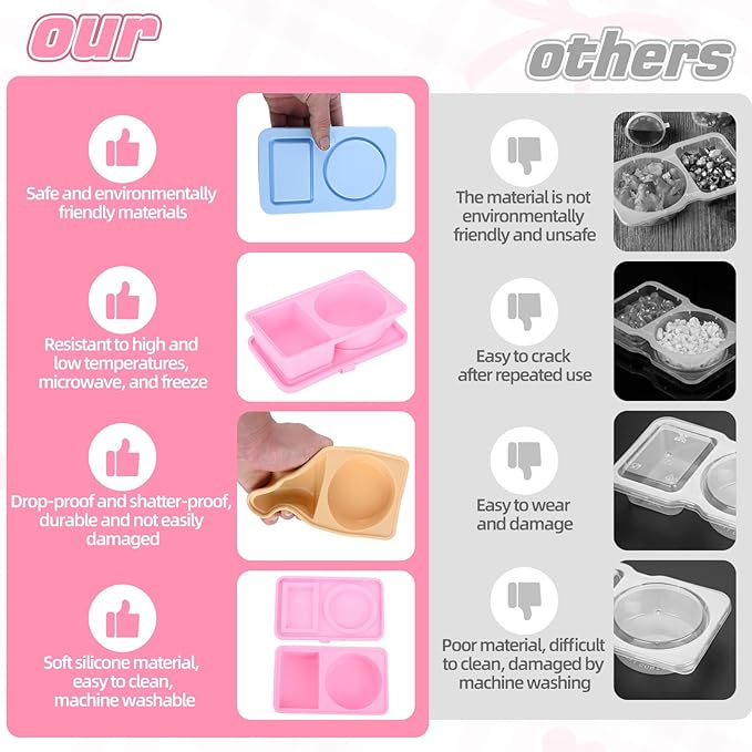 3 Pack Silicone Snack Containers with Lids, Double Compartment Reusable Snackle Box Container, Dressing Containers, Small Food Box for Lunch, Travel, Office, Picnic