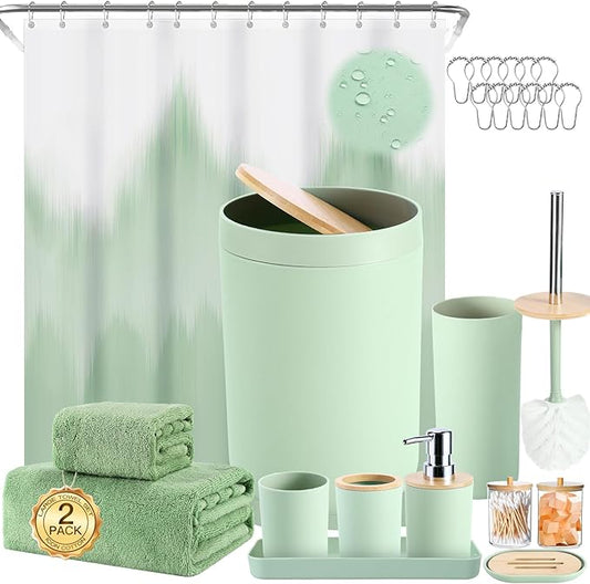 iMucci Bathroom Accessories Bathroom Sets with Shower Curtain, Bath Towel Set, Trash Can, Toilet Brush, Soap Dispenser, Bathroom Accessories Set Complete