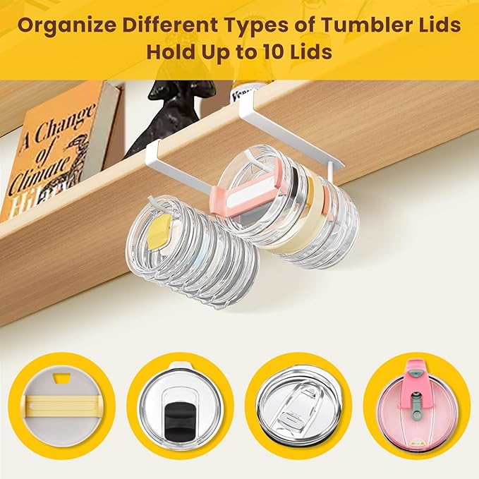 2 Pack Tumbler Lid Organizer, Under Cabinet Cup Lid Holder for Yeti Insulated Mug/Stanley Insulated Mug/Simple Modern Insulated Mug Lid, No Gluing, No Drilling, Up to 10 Lids (White)