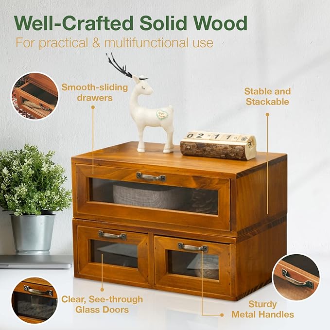 2-pc Stackable Storage Drawers - See-Through Wooden Storage Cabinets - 2-Level Desktop Organizing Cabinet with 3 Drawers - Solid Wood Storage Box with Display & Metal Handles…