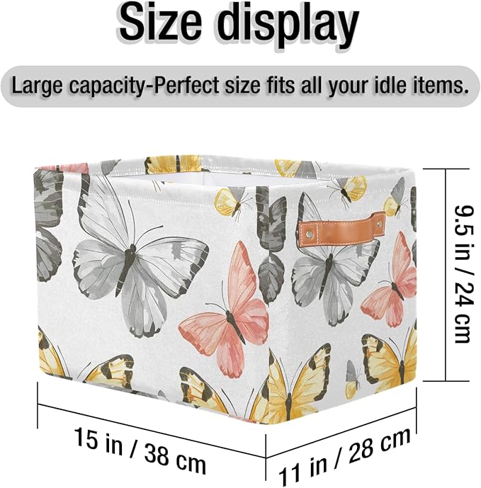 Cute Storage Bins for Organization, Canvas Book Storage Bins Handles, Bedroom Shelves Decorative Baskets for Organizing, Fabric Cube Bin Classroom Dorm Closet Organizer Box (Butterflies)