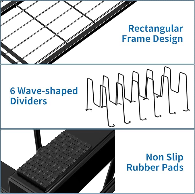Food Container Lid Organizer, Adjustable 6 Dividers Full-Metal Pot and Pan Organizer Rack for Kitchen Cabinets, Drawers, Cupboards, Pantry Shelves Storage, Black