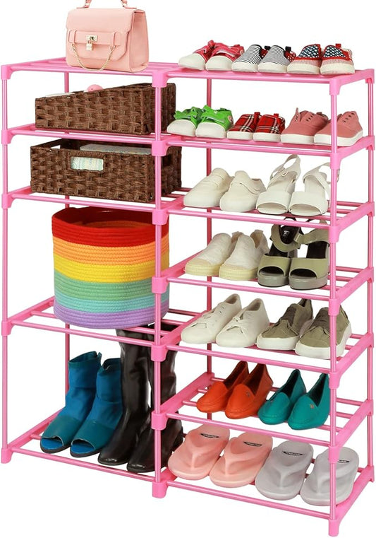 LNYZQUS 7-Tier Large Pink Shoe Rack, 24 -30 Pairs Tall Shoe Organizer Shelf, Kids Boots Stand Organizer For Garage Closet Entryway