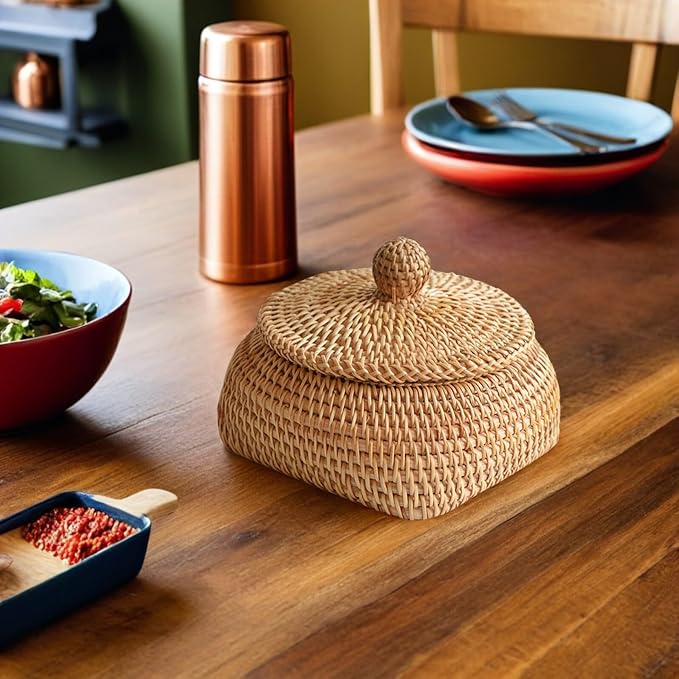 STOBAZA Small Round Remote Control Storage Box Woven Rattan Basket with Lid 3.15X4.33X3.15 Inches Compact Desktop Organizer for Living Room Coffee Table Sundries