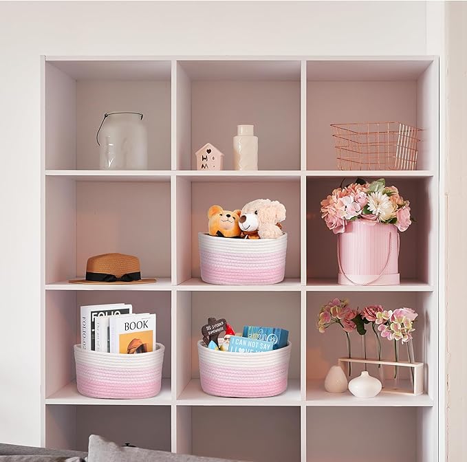 Sawysine 6 Pcs Cotton Rope Woven Basket for Storage Baskets for Organizing Storage Baskets Rope Basket with Handles for Cloth Blanket Toys Living Room Bathroom Laundry (Pink and White)