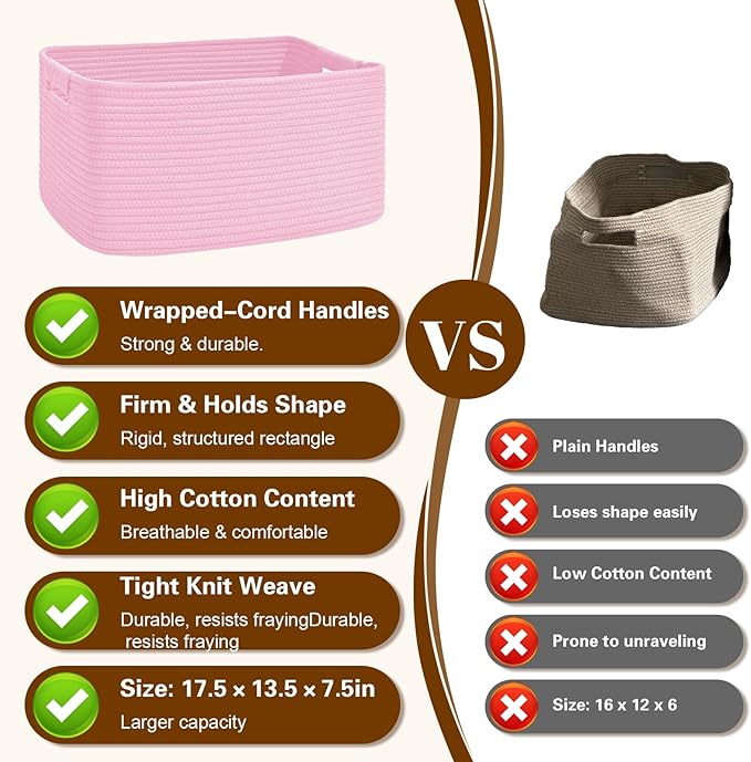 3 Pack Large Storage Basket for Organizing, 17.5"x13.5"x7.5" Woven Basket for Shelves, Closet Cube Storage Bins with Wrapped Handle, Cotton Rope Baskets for Kitchen, Clothes, Toys(Light Pink)