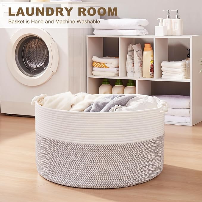 Large Blanket Storage Basket for Living Room, 22.8" x 22.8" x 13" Woven Cotton Rope Basket with Handles, Baby Toy Storage, Laundry Hamper for Clothes, Pillows, Towels-Grey and White